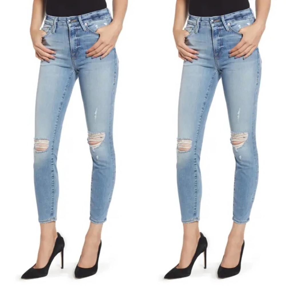 Good American Cropped Skinny Jeans Blue Distressed Stretch Denim Size Size 27.